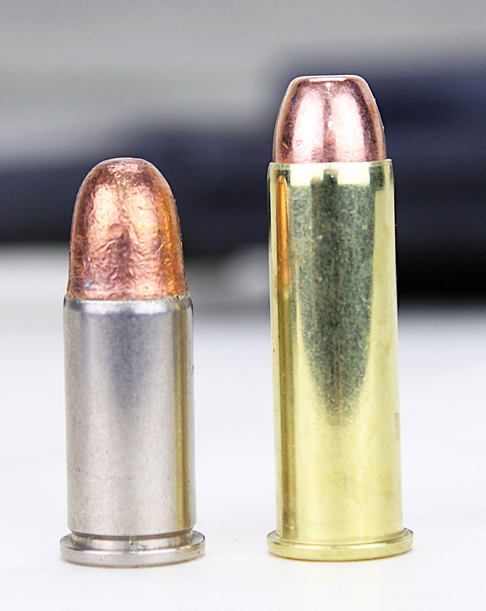 The 38 S&W cartridge (left) is shorter than the later 38 Special (right) and launches a bullet of .361-inch diameter as opposed to the 38 Special’s .357-inch diameter bullet. They are not interchangeable, but 38 Special brass can be shortened to shoot 38 S&W with limited success.